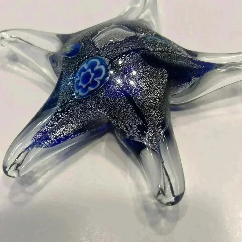Art glass cobalt blue milliefiori silver Starfish Paperweight Murano style - Picture 2 of 6